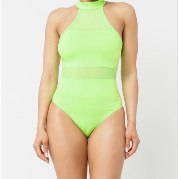 J. ELISE BOUTIQUE NEW TRENDY Sleeveless Neon Green Halter Mesh Bodysuit - Picture 1 of 4
